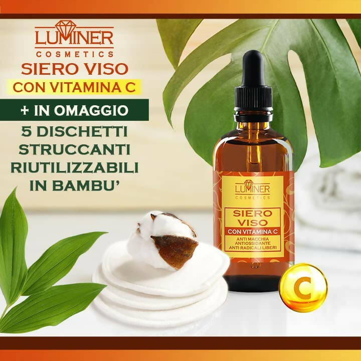 LUMINER® 100ml Siero Viso Vitamina C, Formula Naturale Con Acido Ialuronico Puro, con 5 Dischetti Struccanti In Bambù