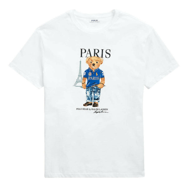 Ralph Lauren T-shirt Uomo Polo Bear In Paris Bianca Maglia Girocollo Mezze Maniche Stampa Orso Ralph Lauren A Parigi