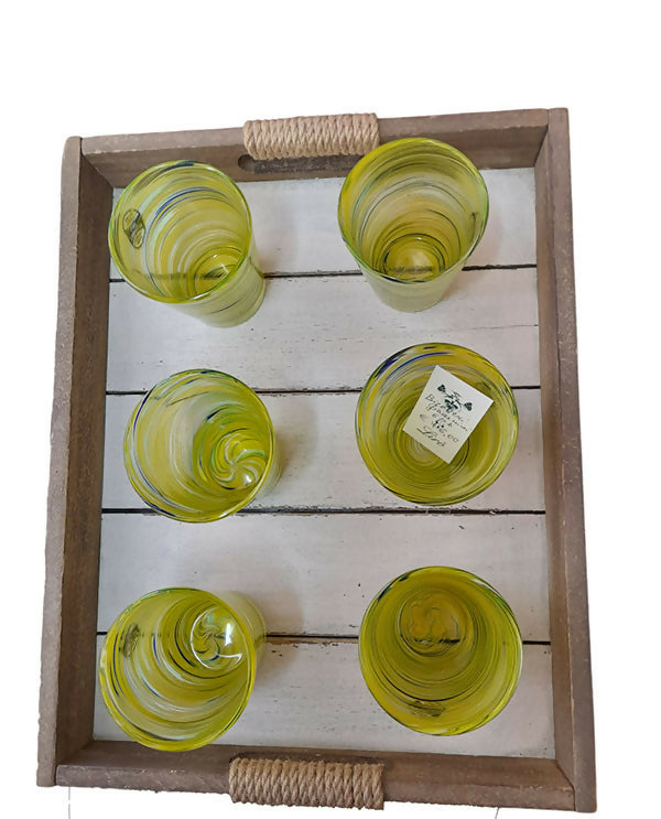 6 Bicchieri cristallo da vino acqua birra tavola + vassoio legno massello