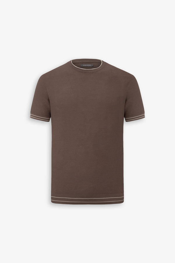 T-shirt in maglia con bordi smacchinati a contrasto fango