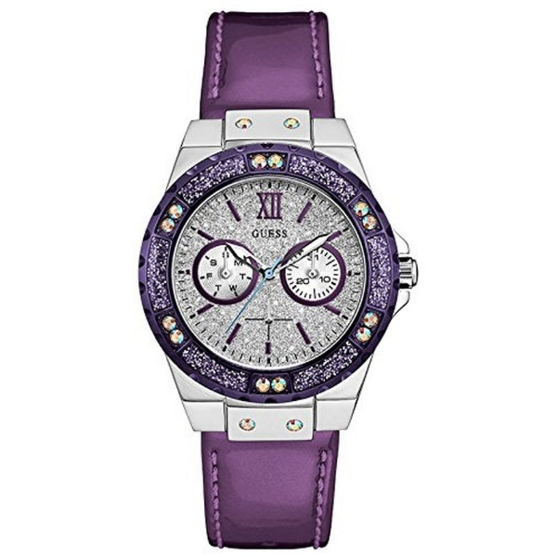 Orologio da Polso Donna Guess Viola con Cinturino in Pelle e Strass