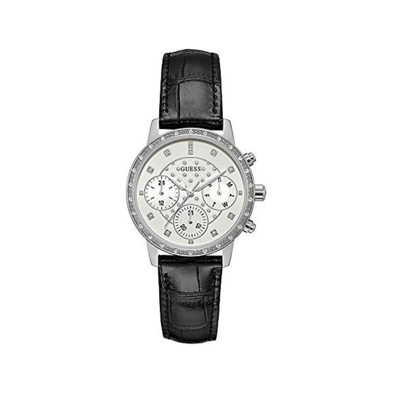 Orologio da Donna Guess in Acciaio con Strass Cinturino Nero in Pelle