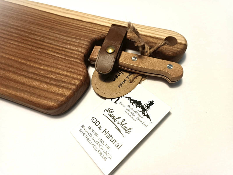 Alpen Kit - Ulme/olmo (tagliere in legno massello di olmo, coltello, cinturino, tovaglietta, sacchetto).