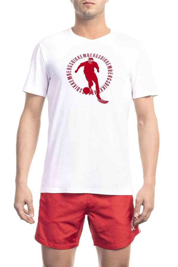 t-shirt bianca da uomo Bikkembergs Beachwear in cotone con logo rosso