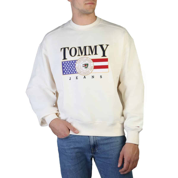 Felpa Uomo Tommy Hilfiger Bianca senza Cappuccio con Bordi a Costine - Logo Centrale "Tommy Jeans"