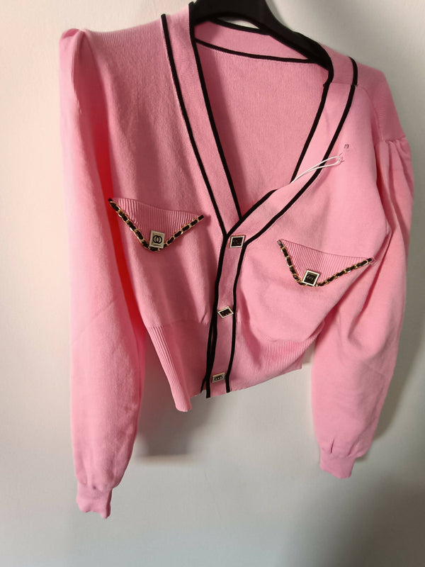 Cardigan modello Chanel, Colore rosa, 100% viscosa, Taglia unica