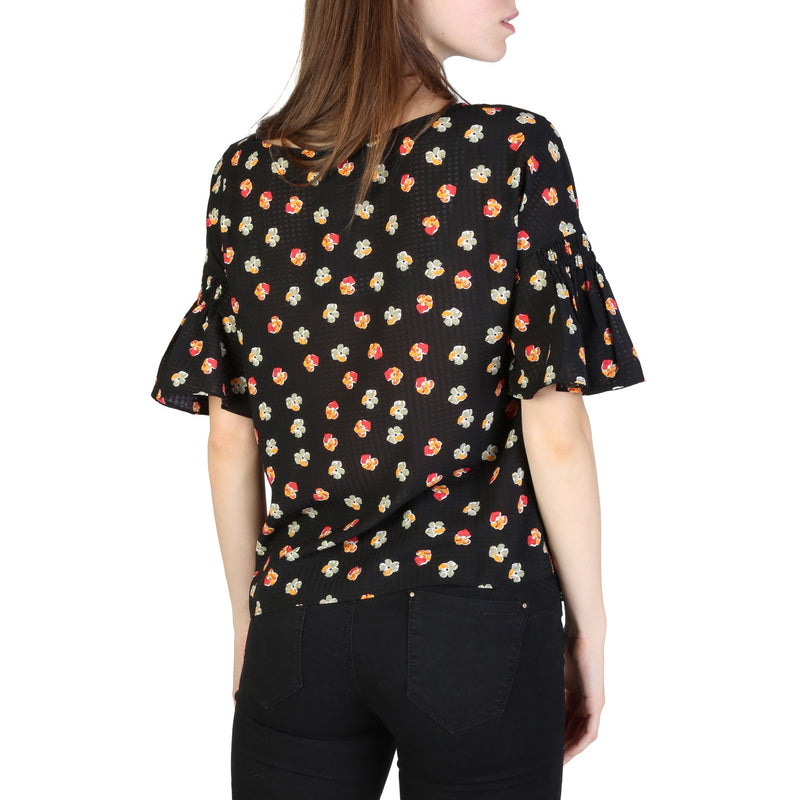T-shirt da Donna Armani Exchange Nera con Fiori Colorati e maniche a sbuffo
