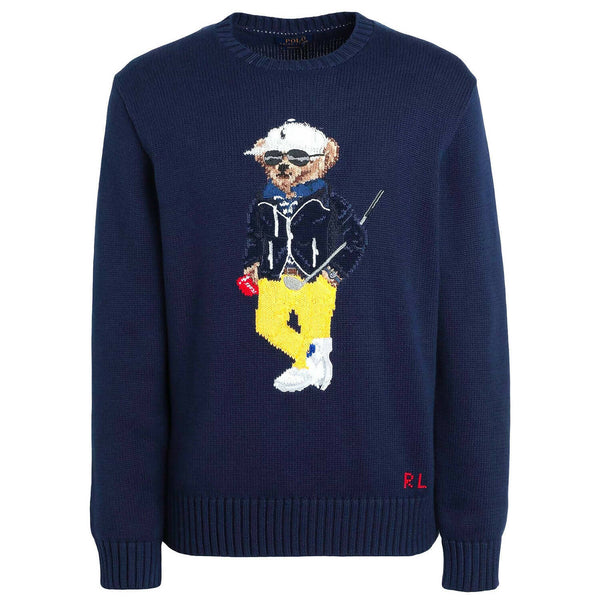 Polo Ralph Lauren Maglione Uomo Polo Bear Cotton-blend Blu Sweater Maglione Girocollo Orsetto Ricamato
