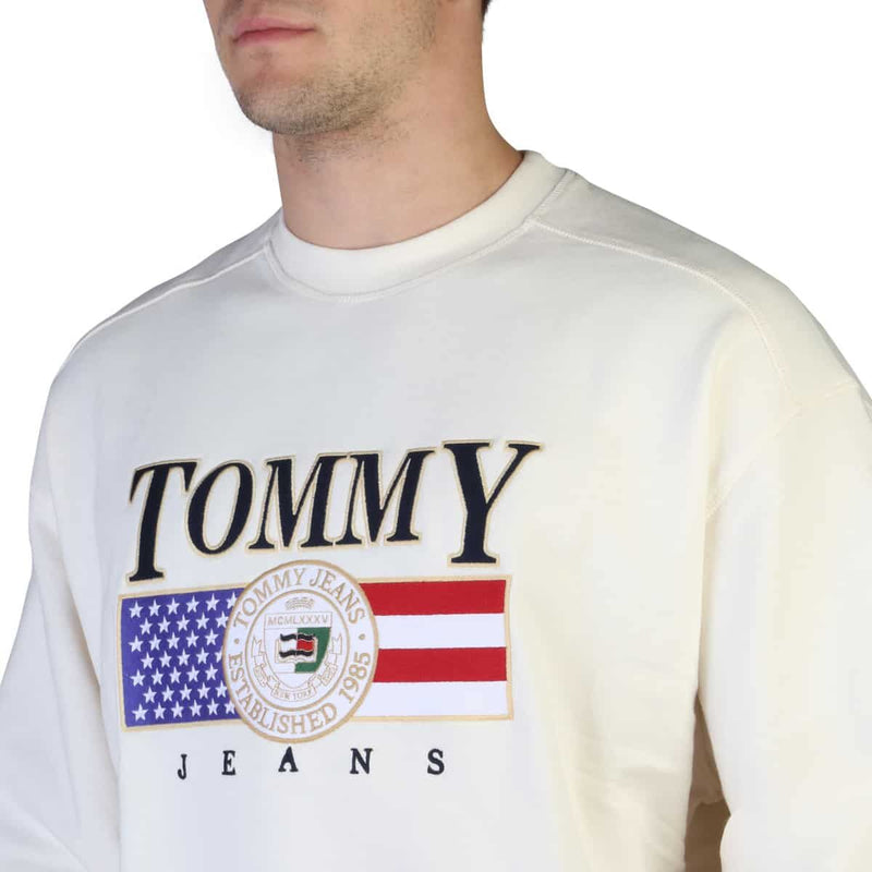 Felpa Uomo Tommy Hilfiger Bianca senza Cappuccio con Bordi a Costine - Logo Centrale "Tommy Jeans"