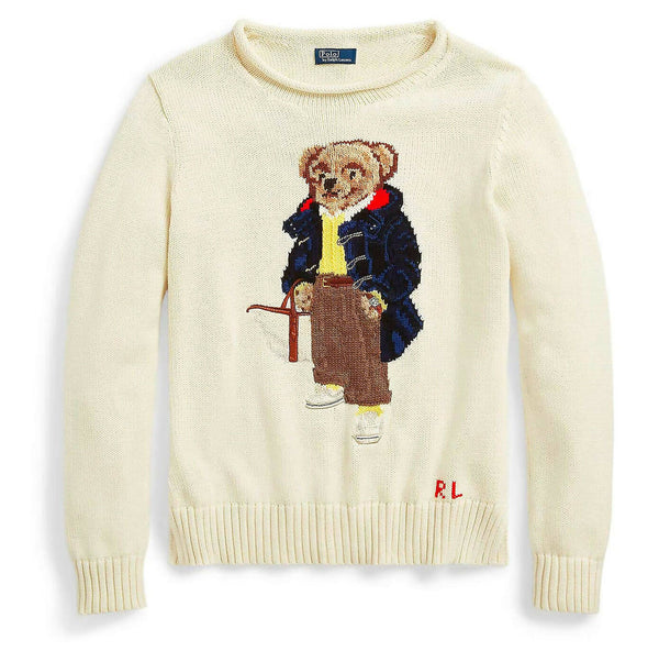 Polo Ralph Lauren Maglione Donna Pull Bear In Cotone Bianco Crema Orsetto E Logo Rl Ricamati