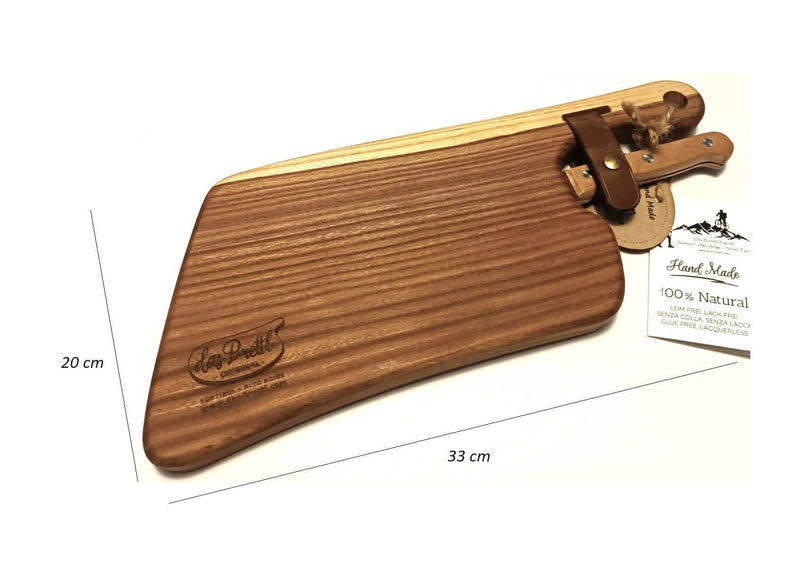 Alpen Kit per Montagne / da viaggio (tagliere in legno massello di olmo, coltello, cinturino, tovaglietta, sacchetto).