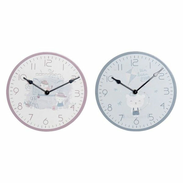 Orologio da Parete DKD Home Decor Azzurro Rosa Legno Metallo Plastica Legno MDF Per bambini Uccello 24 x 3 x 24 cm (2 Unità)