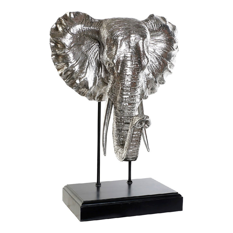 Statua Testa di Elefante in Resina Argentata con Base in Legno 56 cm