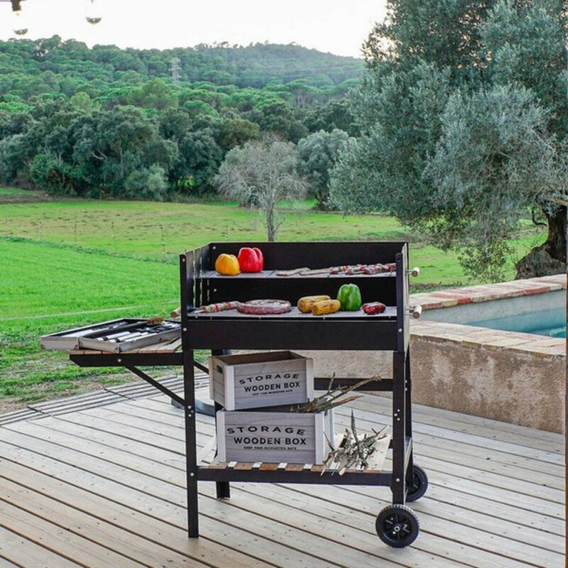 Barbecue a Carbone in Acciaio con Ripiano e Vassoio in Legno 2 Piani di Cottura