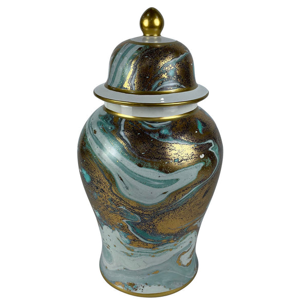 Vaso decorativo in Porcellana con Coperchio decorato con fantasia astratta Azzurra e Dorata - 41 cm