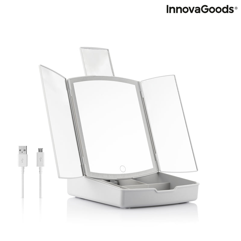 Specchio a LED Pieghevole con Contenitore per Trucchi 3 in 1 Panomir InnovaGoods