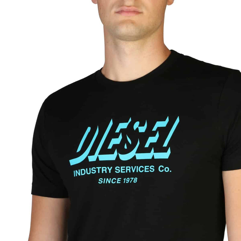 T-shirt Uomo Diesel Nera con Logo Frontale Verde - Slim Fit - Misto Cotone