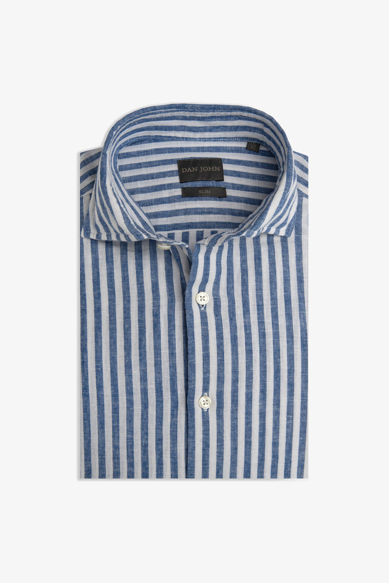 Camicia misto lino a righe azzurra