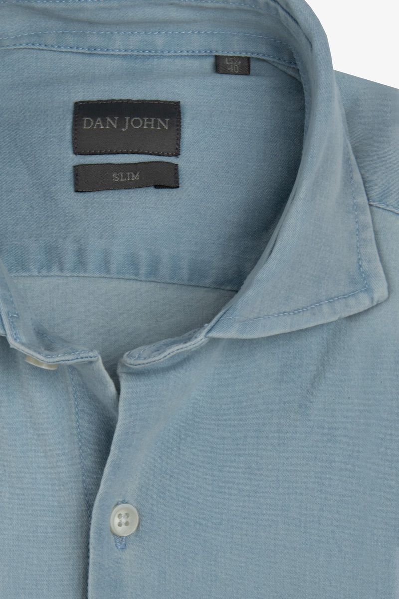 Camicia Uomo Dan John a Collo Aperto in Cotone Denim Bleach - Vestibilità Slim