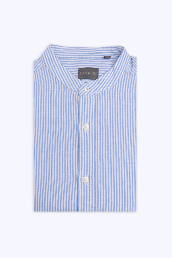 Camicia coreana misto lino rigata celeste