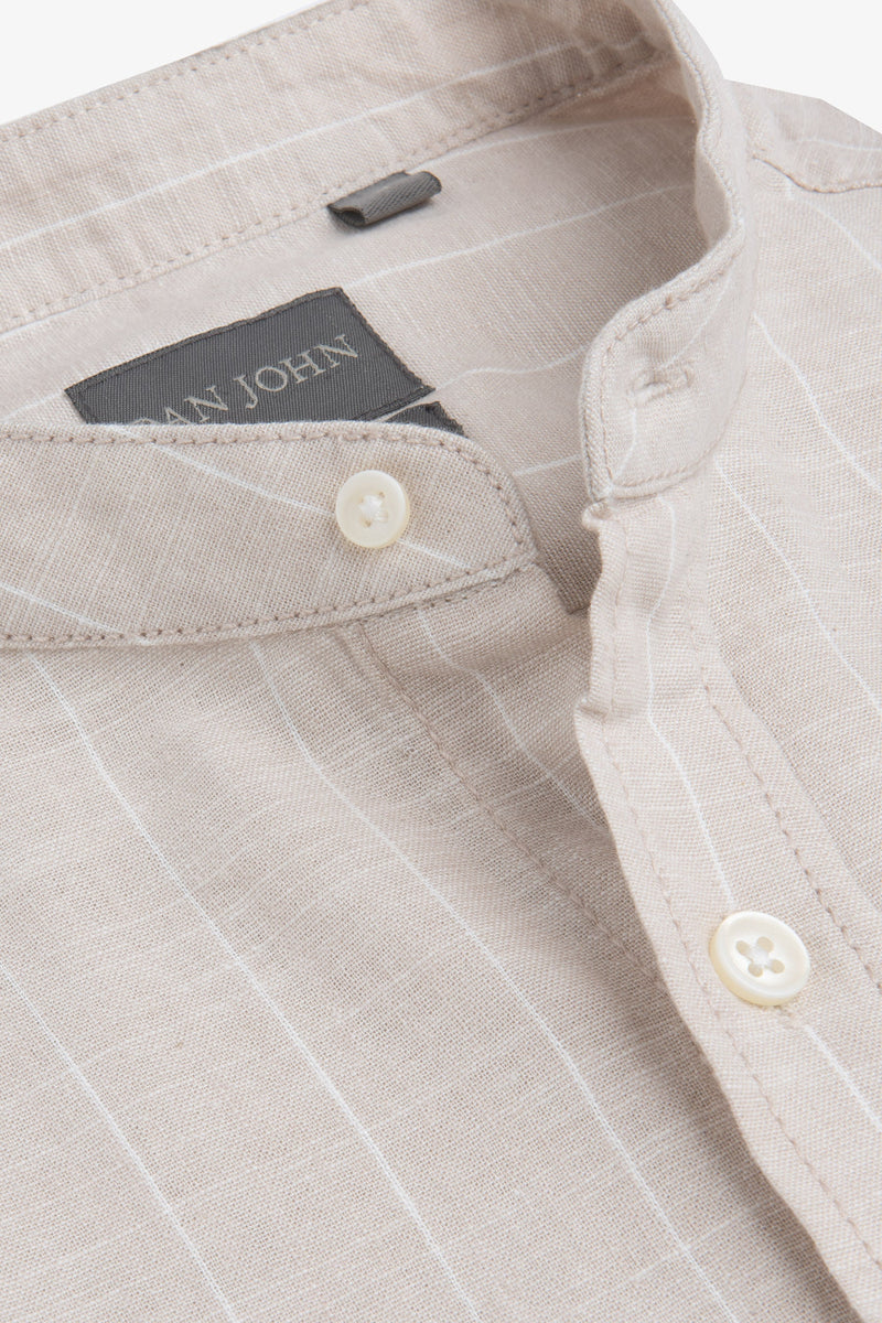 Camicia coreana misto lino rigata beige