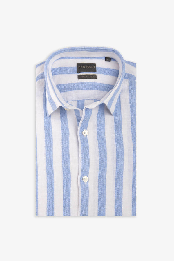 Camicia Estiva da Uomo Puro Lino e Cotone a Righe Larghe Azzurro Dan John