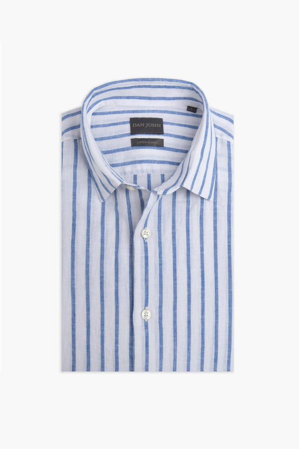 Camicia misto lino multiriga azzurra