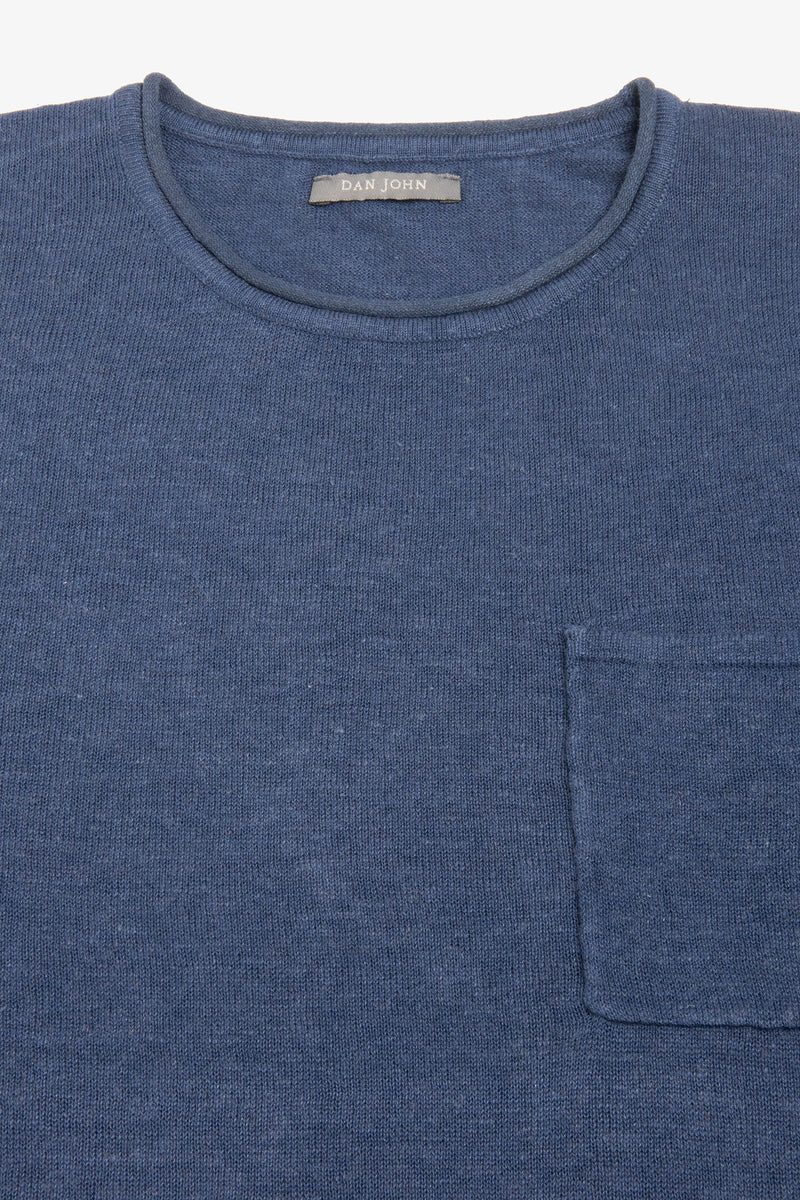 T-shirt in maglia misto lino con taschino indaco