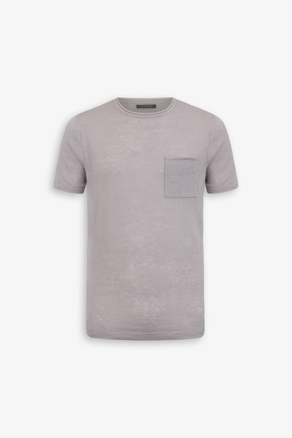 T-shirt in maglia misto lino con taschino lavanda
