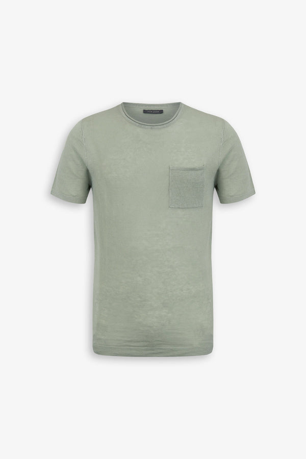 T-shirt in maglia misto lino con taschino salvia