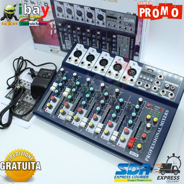Mixer Audio Professionale a 7 Canali USB con Echo Delay DJ per Karaoke e Live Pianobar