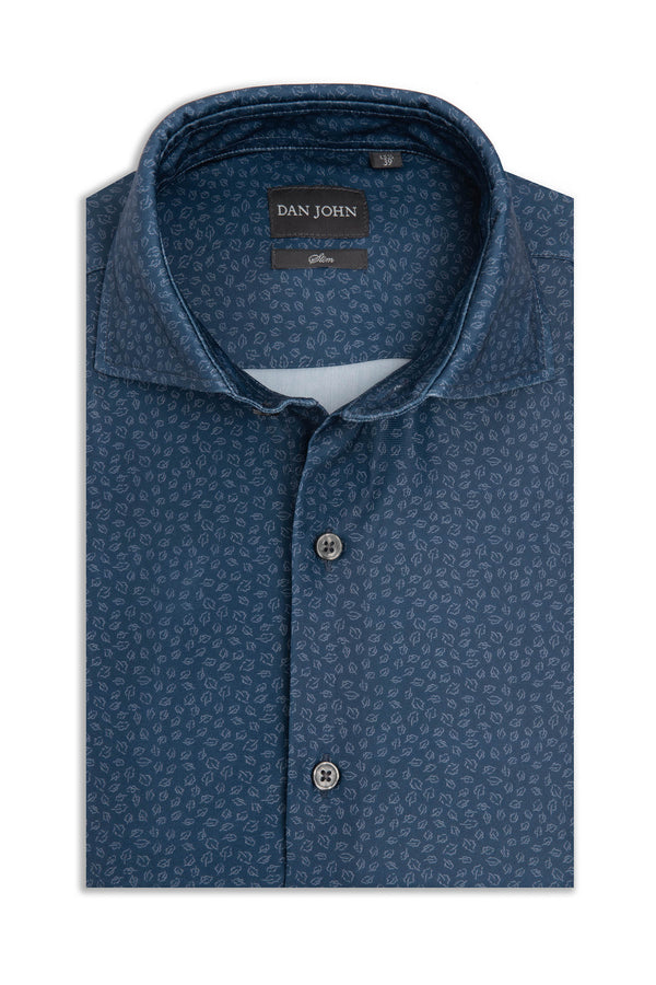 Camicia Uomo Dan John Elasticizzata Blu con Micro Fantasia di foglie - Slim Fit - Collo Aperto