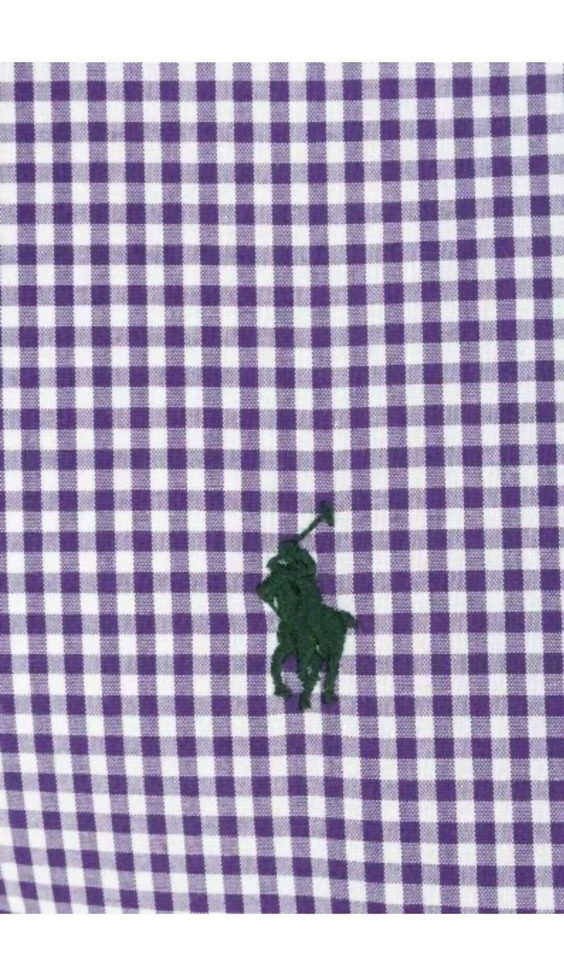 Ralph Lauren Camicia Uomo A Quadretti Custom Fit Button-down Quadretti Purple/white Pony Ricamato Verde