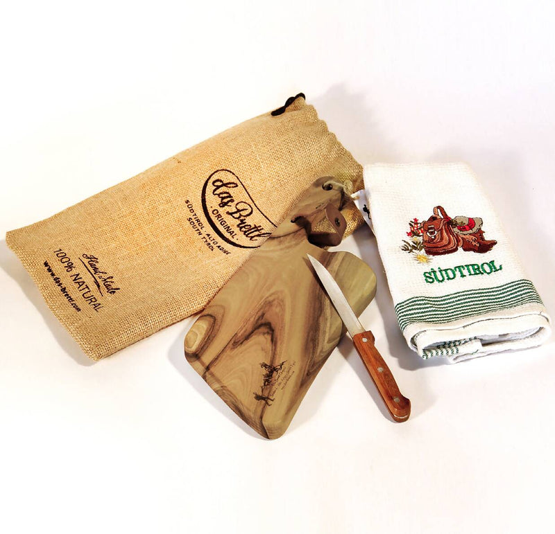 Alpen Kit - Nuss/noce (tagliere in legno massello di noce, coltello, cinturino, tovaglietta, sacchetto).