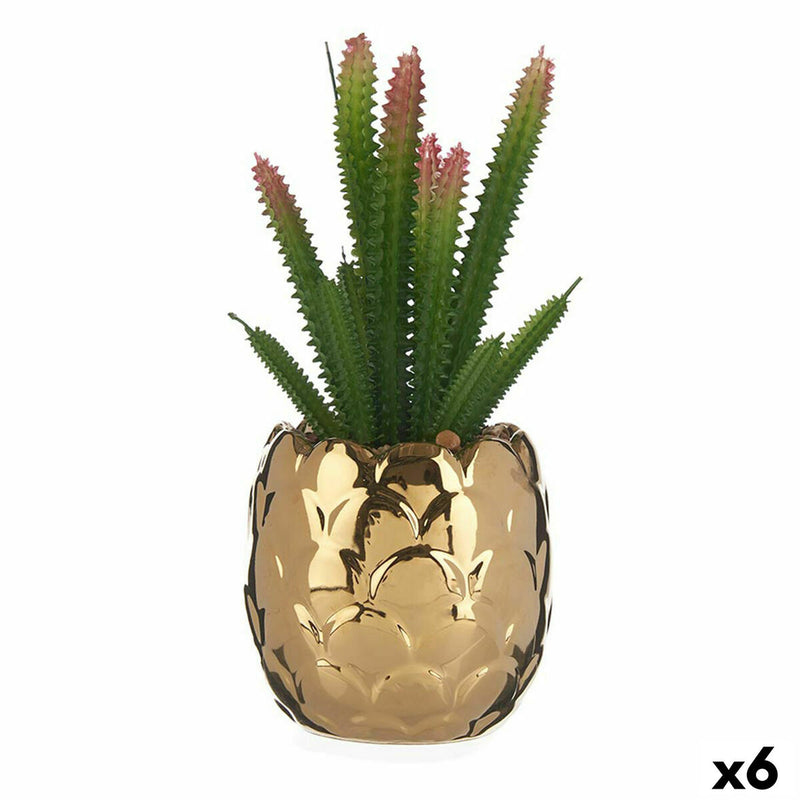 Pianta Decorativa con Vaso in Ceramica Dorato Cactus Verde Plastica 6 Unità