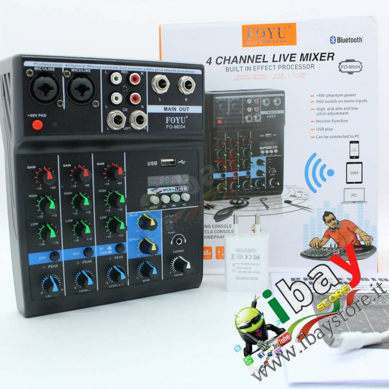 Console Mixer Audio con Effetti Echo 4 canali USB MP3 Karaoke mic/line Alimentazione Phantom 48V