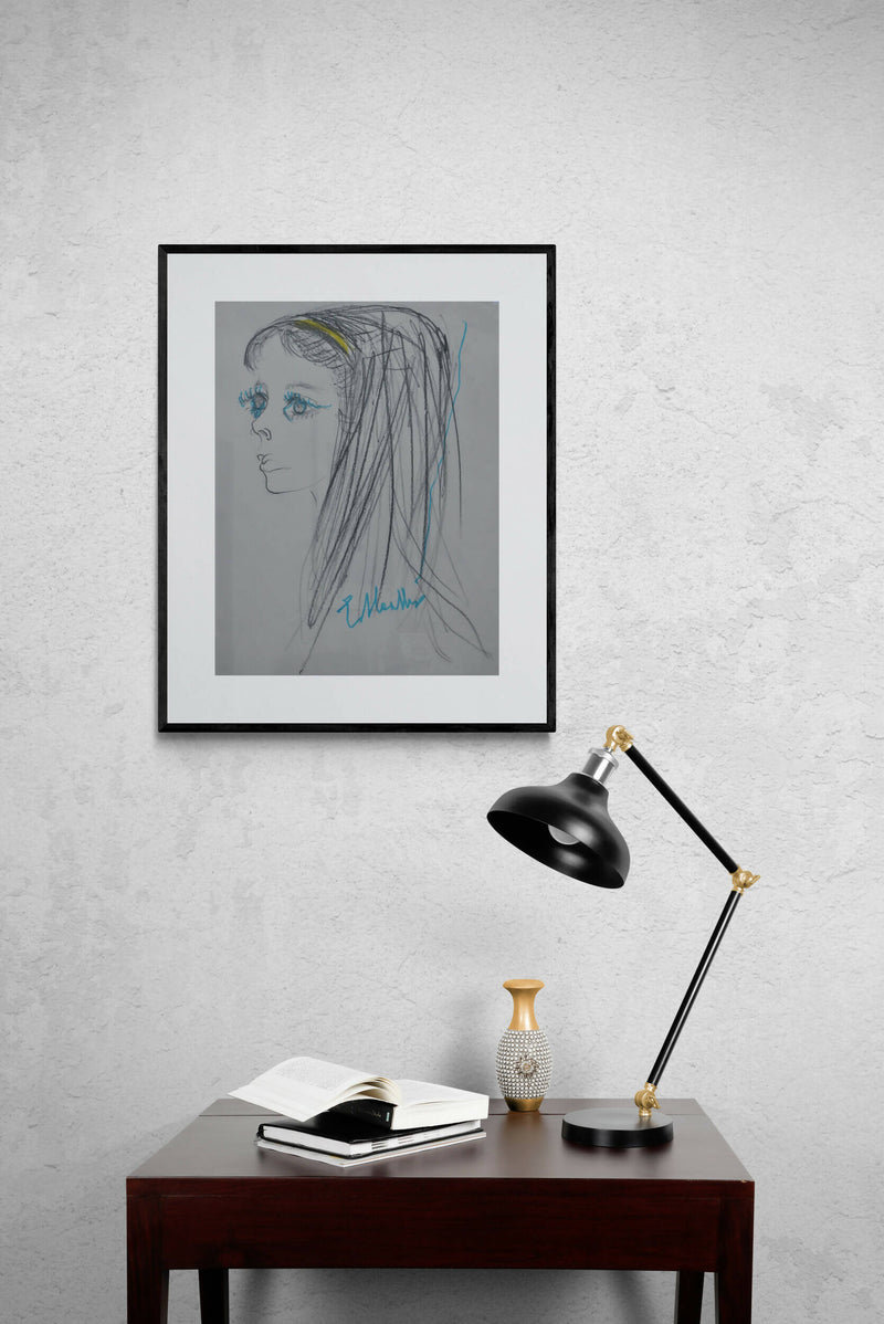Disegno originale ritatto femminile ragazza moderno carta 31x24 cm