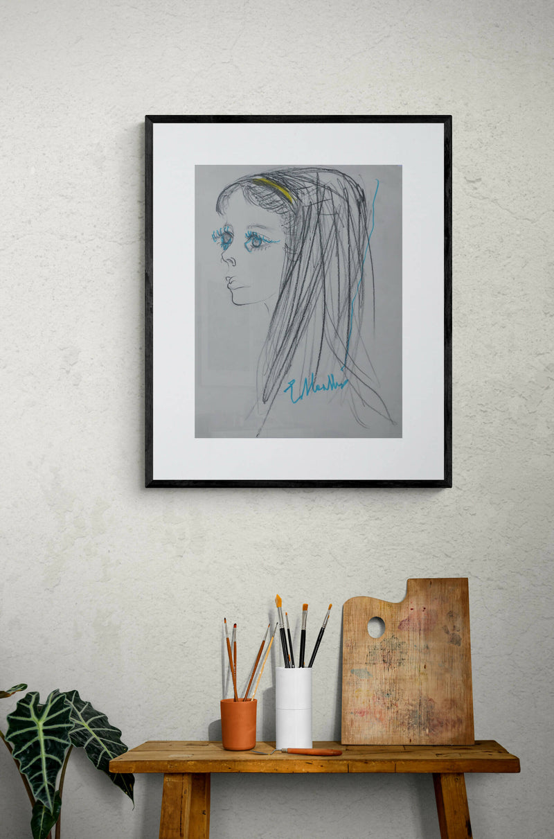 Disegno originale ritatto femminile ragazza moderno carta 31x24 cm