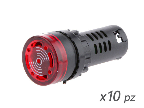 10 Pezzi Indicatore Led Rosso AC 220V Buzzer Allarme Acustico Da Incasso Foro 22mm