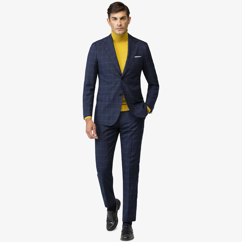 Abito Uomo Elegante e Casual Giovanile Slim Fit Fantasia Overcheck Blu con Giacca a Rever Largo