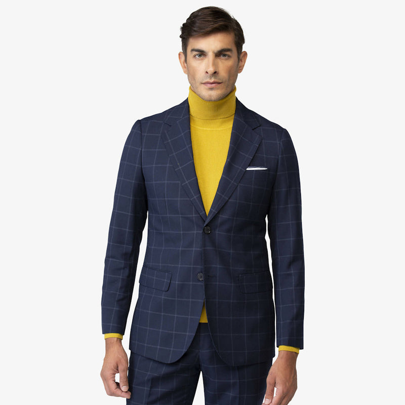 Abito Uomo Elegante e Casual Giovanile Slim Fit Fantasia Overcheck Blu con Giacca a Rever Largo