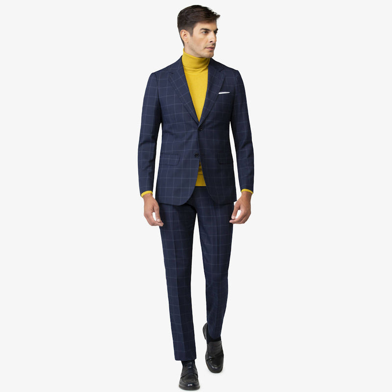 Abito Uomo Elegante e Casual Giovanile Slim Fit Fantasia Overcheck Blu con Giacca a Rever Largo