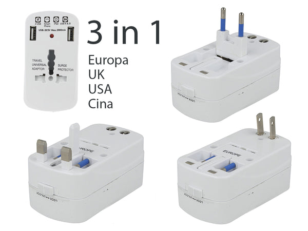 Adattatore Universale da Viaggio con Protezione da Sovraccarico 2 USB 5V 2A 3 Spine Per Europa UK USA Cina America