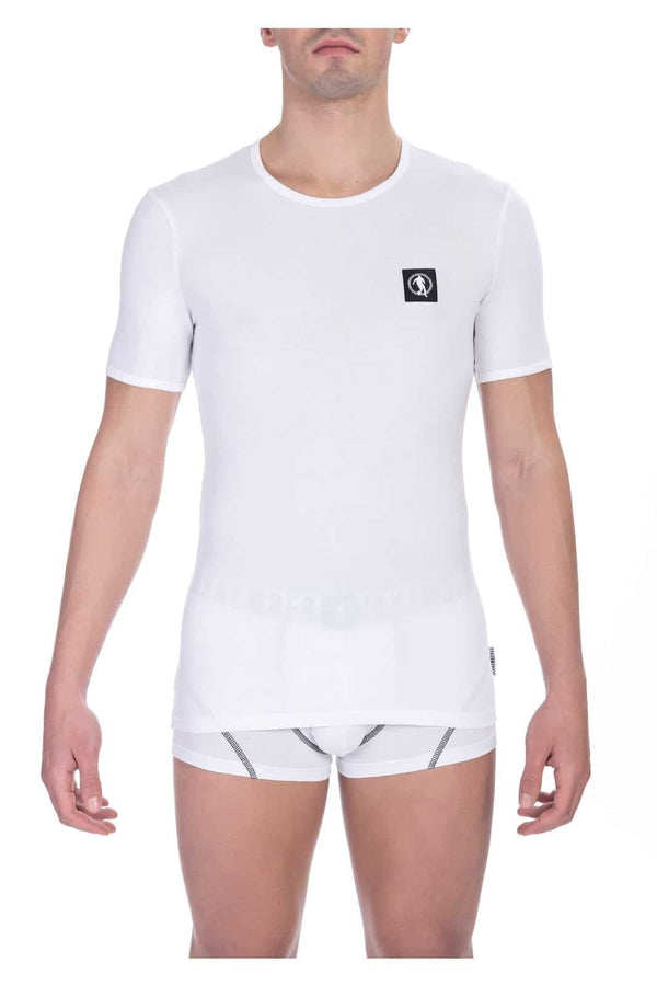 t-shirt bianca a girocollo da uomo in cotone Bikkembergs con logo nero