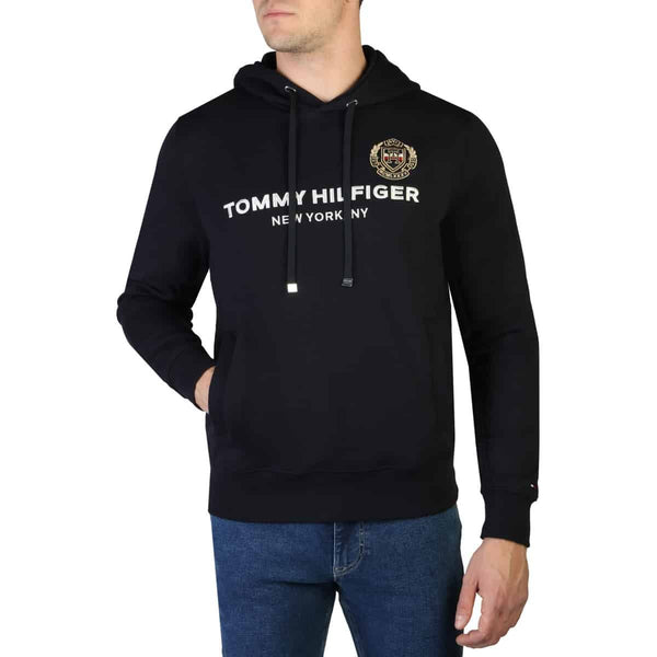 Felpa Uomo Tommy Hilfiger NY Blu Navy Con Cappuccio e Tasche - Bordi a Costine - Logo Centrale
