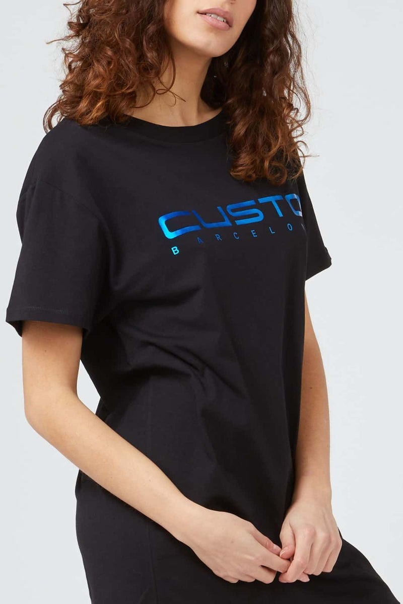 T-shirt Lunga da Donna Custo Barcelona - Maglietta a Maniche Corte Nera con Logo Frontale Blu