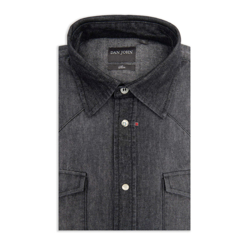 Camicia Jeans Nera da Uomo Dan John Stile Western Effetto Invecchiato - Slim Fit