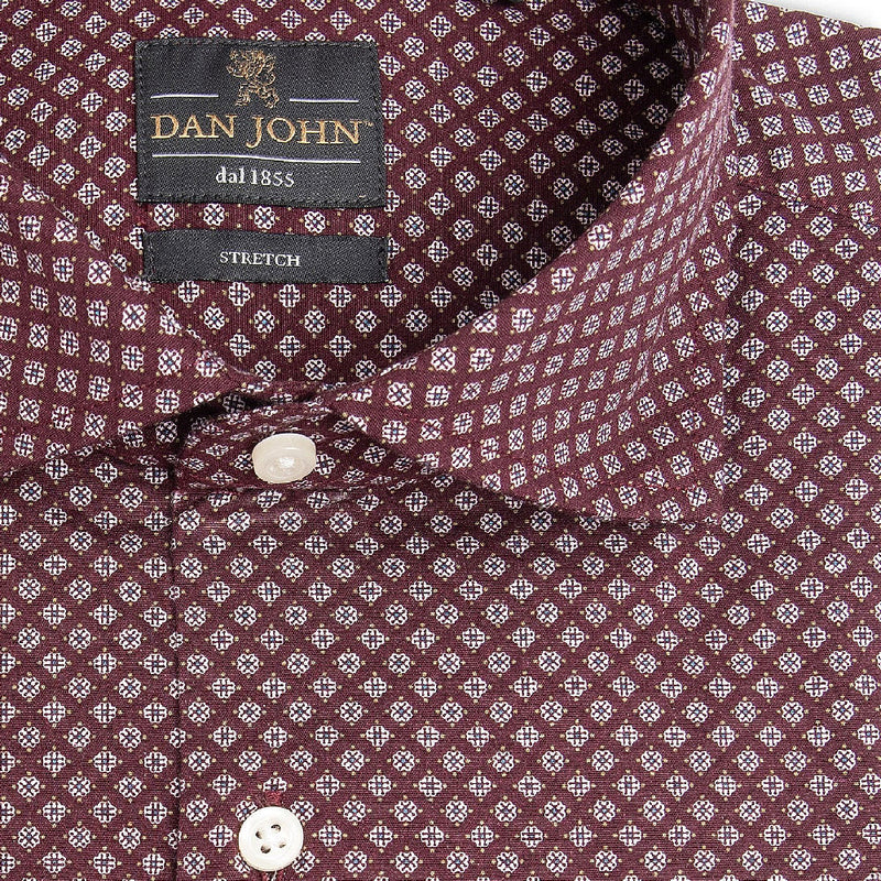 Camicia Uomo Dan John Elasticizzata Bordeaux con Microfantasia - Collo Windsor - Slim Fit