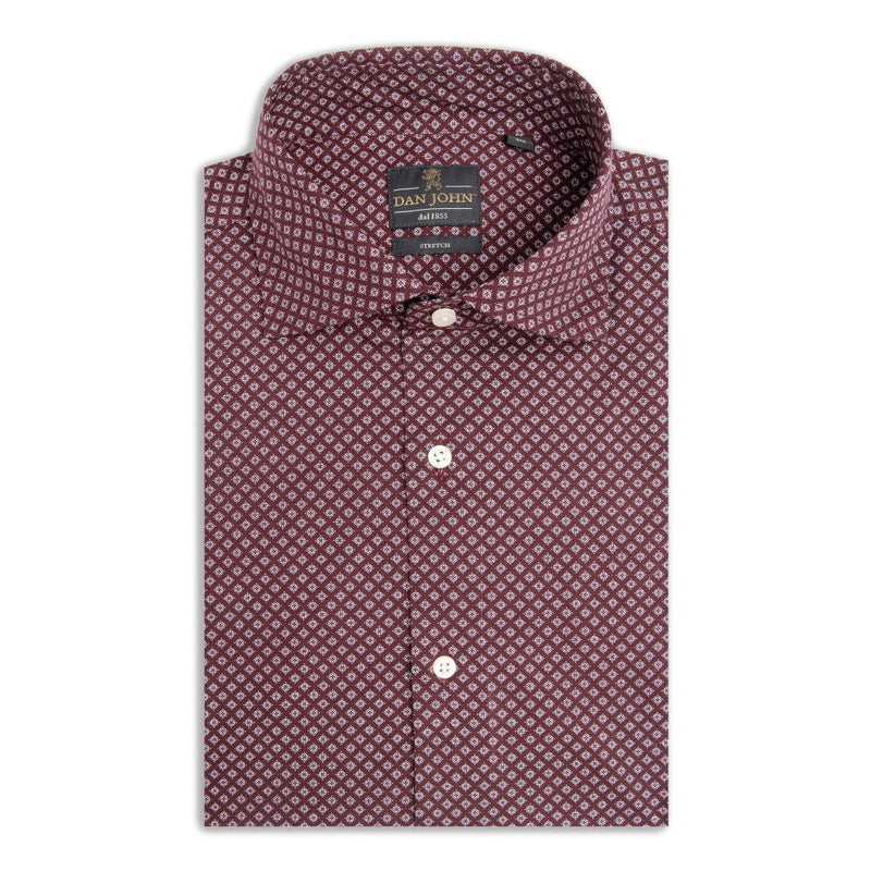 Camicia Uomo Dan John Elasticizzata Bordeaux con Microfantasia - Collo Windsor - Slim Fit