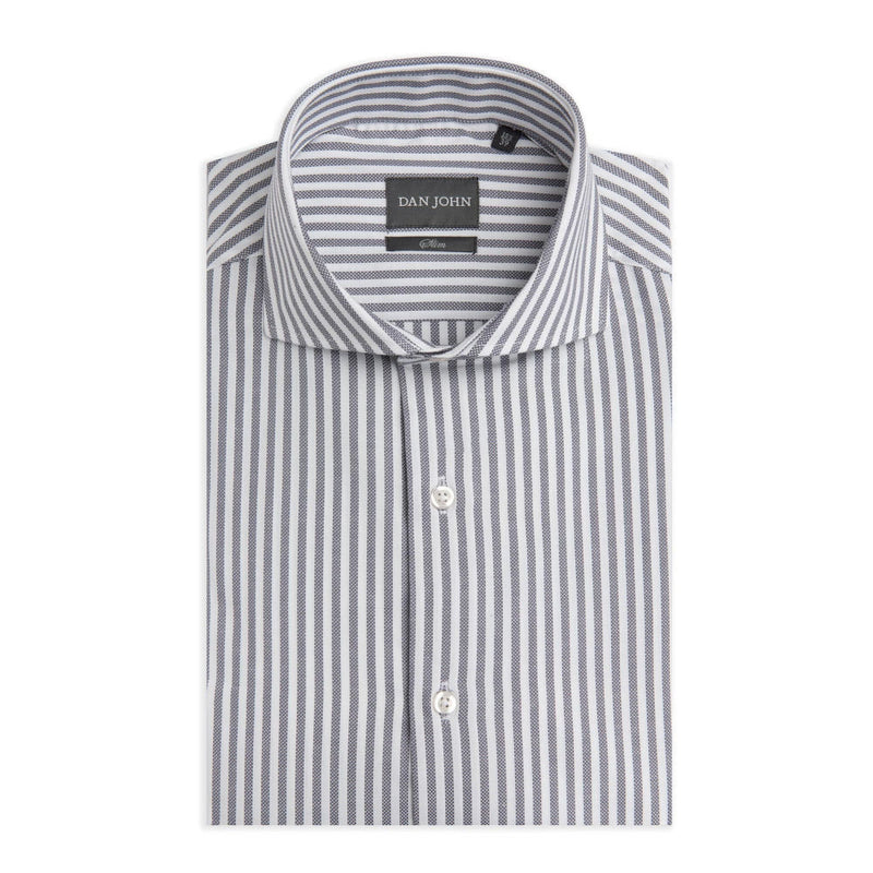 Camicia Uomo in Cotone a Righe Bianche e Grigio Perla Slim Fit Tessuto operato